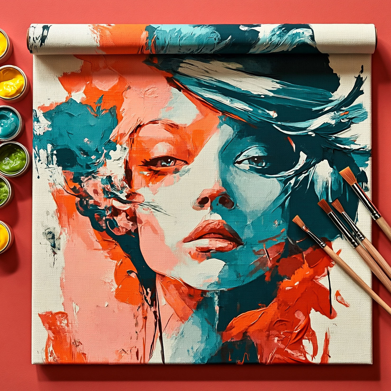 Custom AI paint-by-numbers canvas flat-lay with paint pots and brushes on red backdrop
