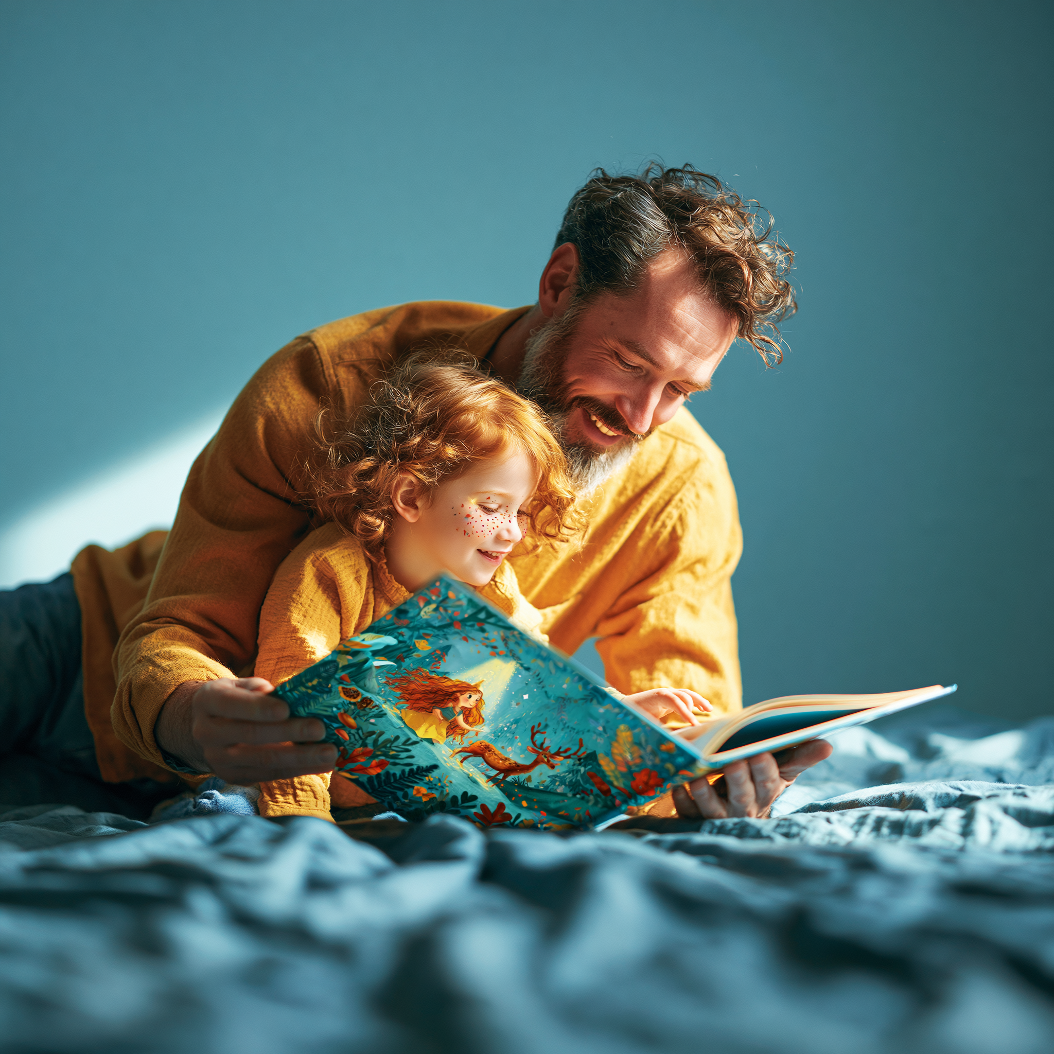 Open illustrated storybook glowing with a fairytale hero scene on teal backdrop