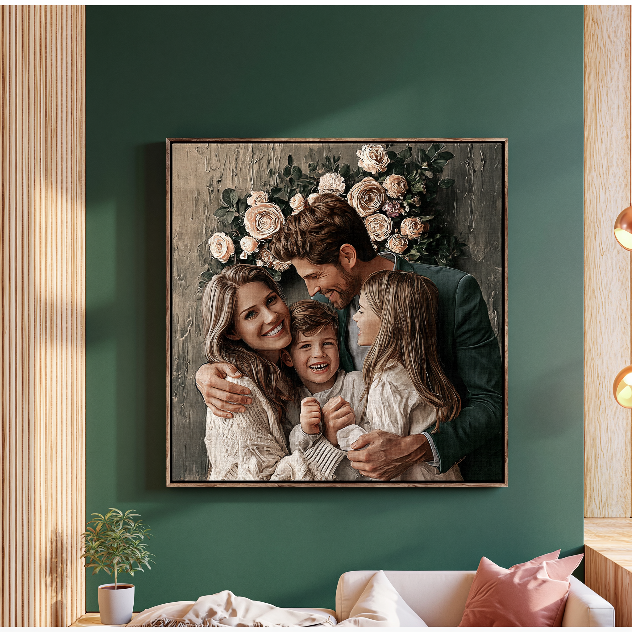 Framed family portrait canvas hanging on a green living room wall