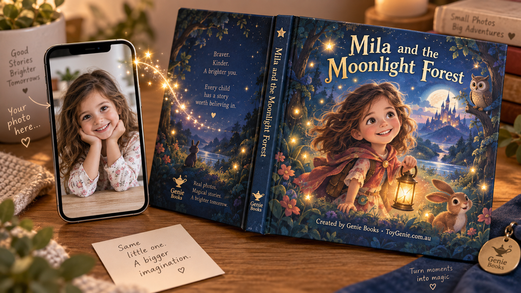 Create Your Own Genie Book — a personalised AI storybook showing a real photo transforming into a matching illustrated storybook character