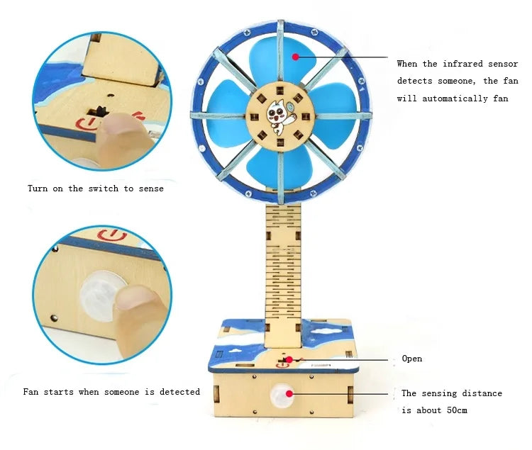 YOURMESTUDIO Infrared Human Body Induction Fan Student Science Experiment Toy Wood Material Handmade Assembly Children's Toy