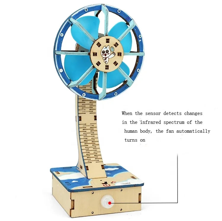 YOURMESTUDIO Infrared Human Body Induction Fan Student Science Experiment Toy Wood Material Handmade Assembly Children's Toy