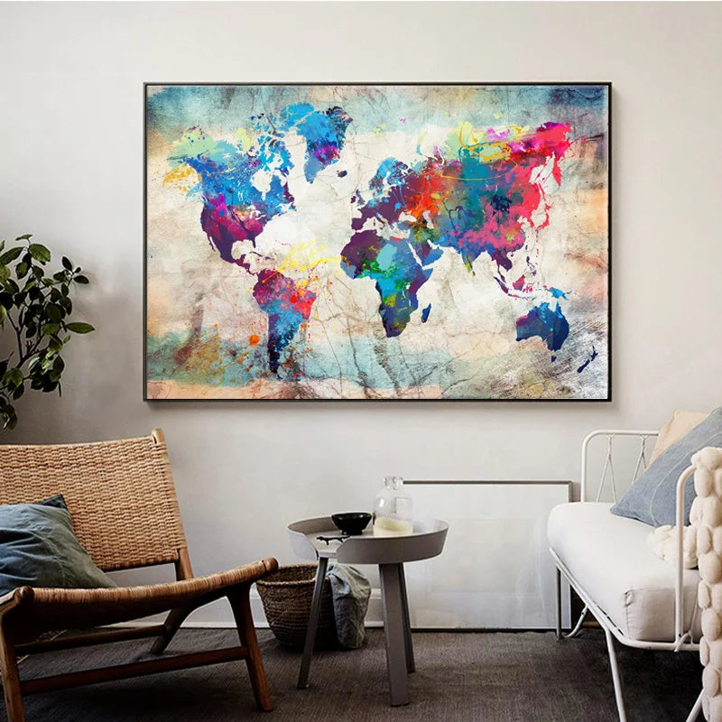 Vintage colorful World Map Canvas print, Wall Pictures, Living Room Posters and Prints, Modern Art, Home Wall Decor