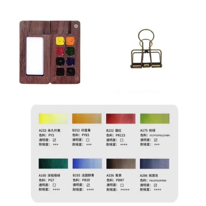 Portable Mini Walnut Paint Box 8 Colors Master Solid Watercolor Paint Set Travel Sketch Pigment Artist Drawing Art Supplies