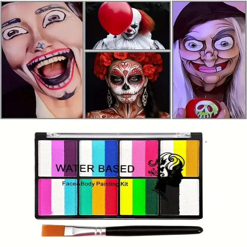 Palette Rainbow Stripe Paint Set with Brushes, Water Based Dual-Tone Face and Body Paint Palette, Christmas Halloween  Cosplay