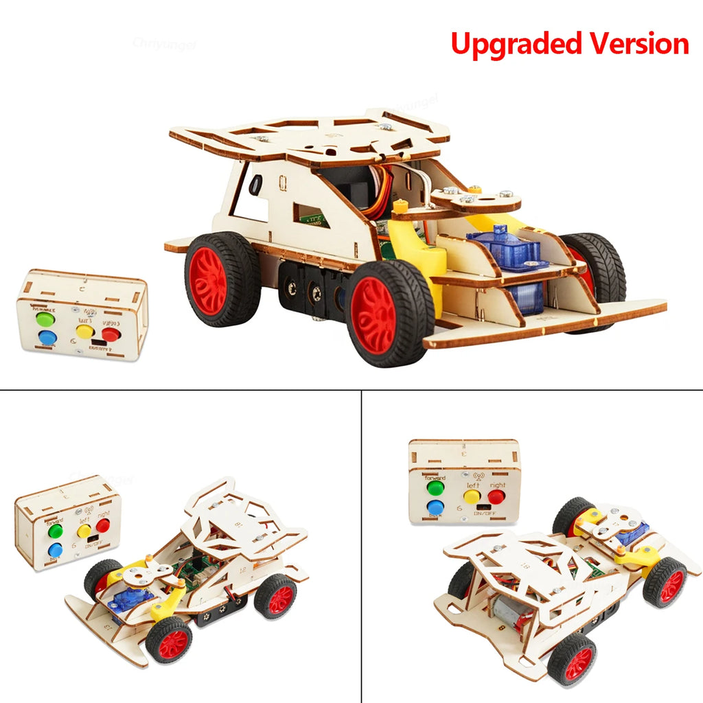 DIY Wooden Remote Control Car Mini Four-Base Version - Wheel Drive Racing Car Science Experiment Kits STEM Educational Toy for Teen Kids Gifts