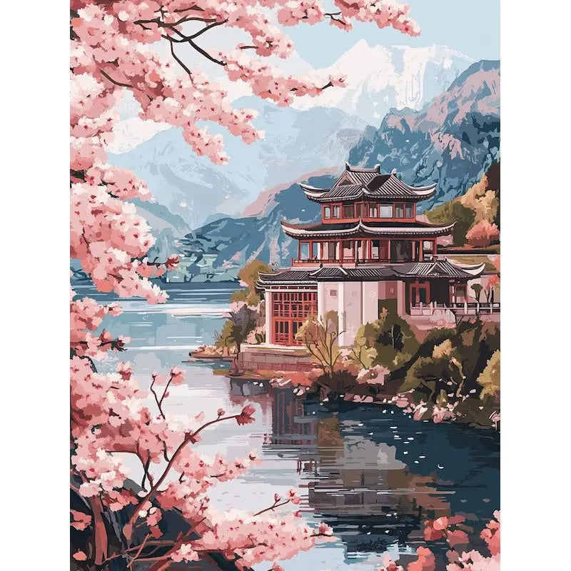 Genie Canvas - Scenery Painting By Numbers Oil HandPainted Acrylic Paint Sakura Pagoda Home Decors Adults Crafts On Canvas DIY Gift