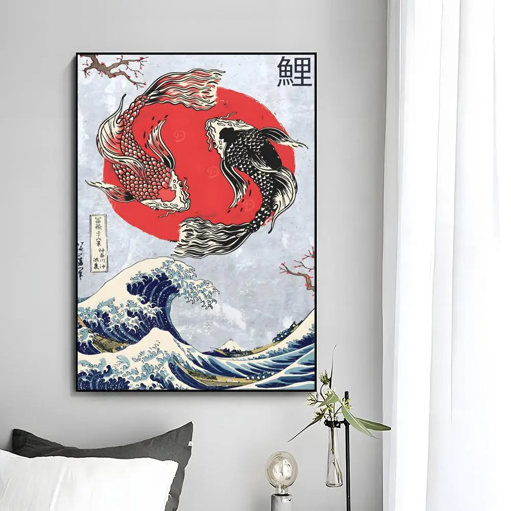 Abstract Wall Art Japan Vintage Koi Canvas Poster HD art sticky wall waterproof home bedroom bar aesthetic decoration