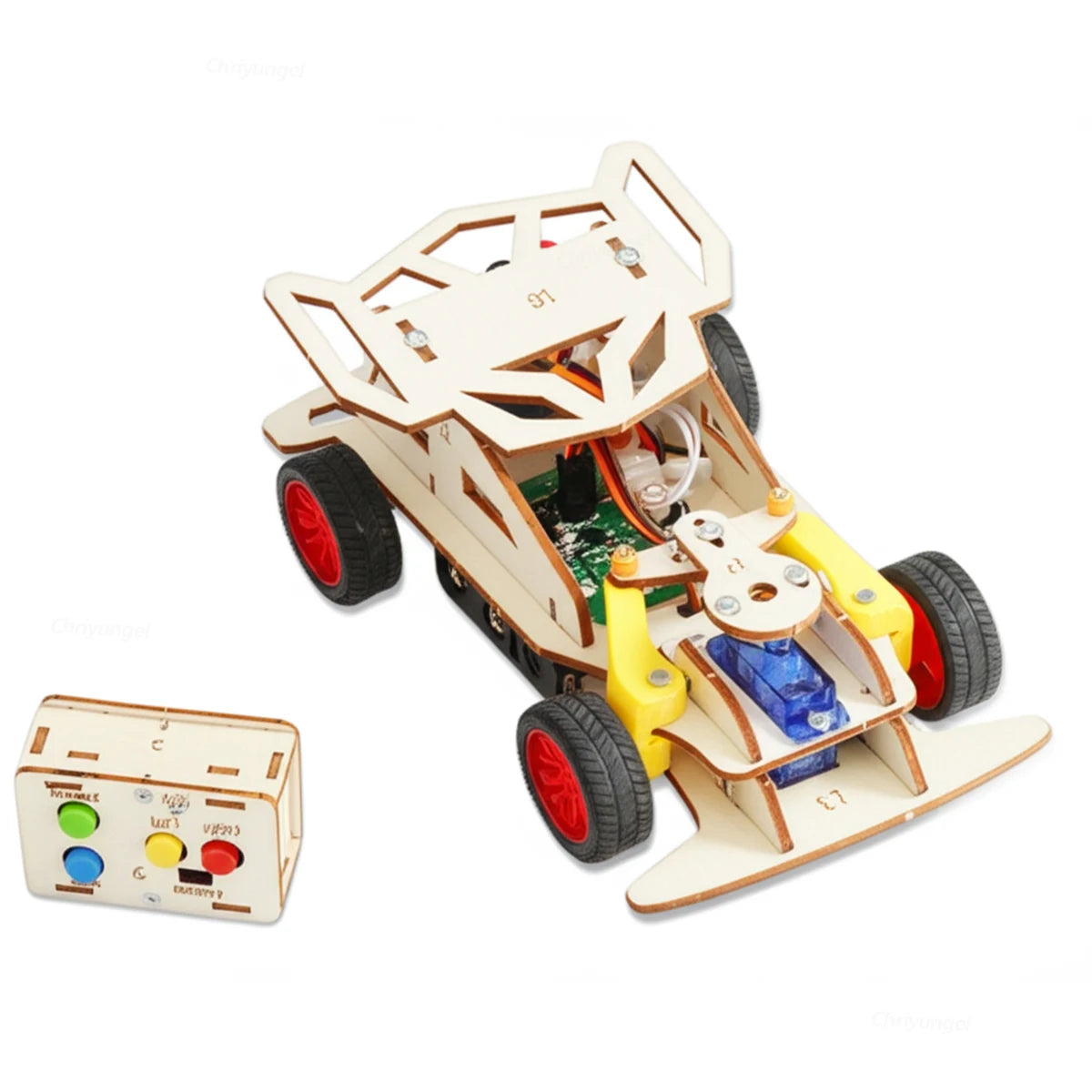 DIY Wooden Remote Control Car Mini Four-Base Version - Wheel Drive Racing Car Science Experiment Kits STEM Educational Toy for Teen Kids Gifts
