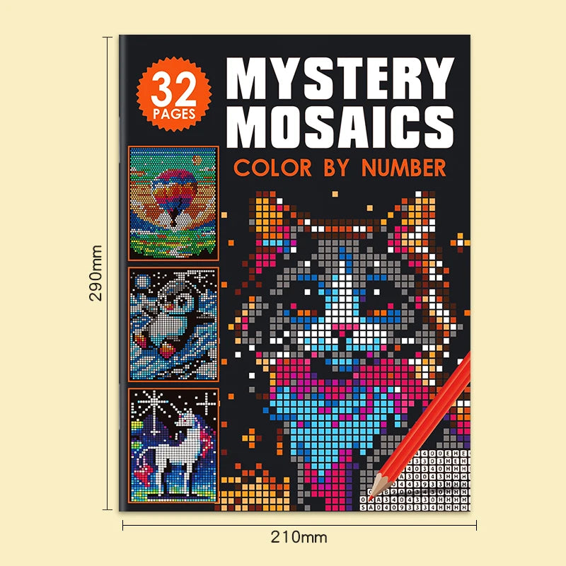 1 Book with 32 Pages of Mysterious Mosaic Numbers and Colors: Pixel Art Masterpieces That Reveal Wildlife, Animals, Portraits, Nature, and Beautiful Landscapes Hidden in Geometry.