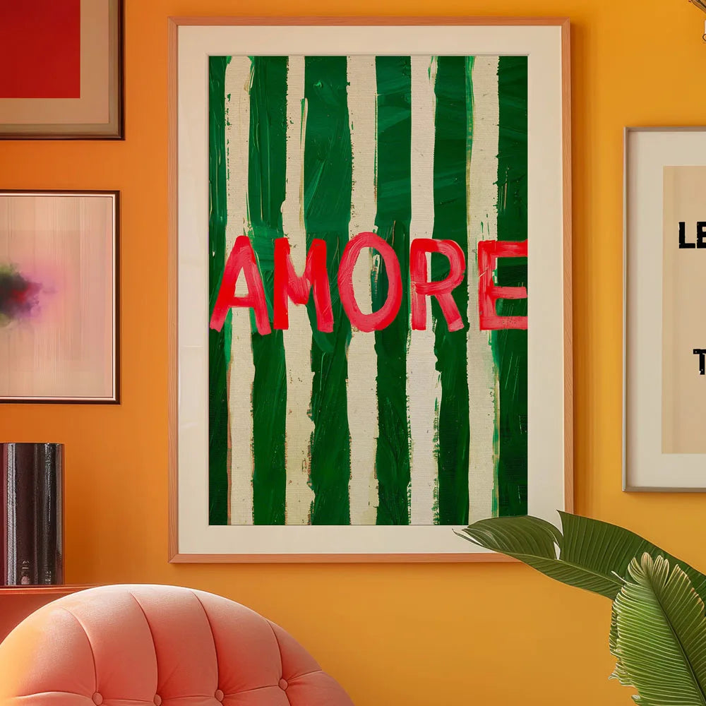 Amore Green Striped Canvas Printing Vino Wine Glass & Pepper Wall Art Poster Modern Living Room Bedroom Kitchen Home Decor Gifts