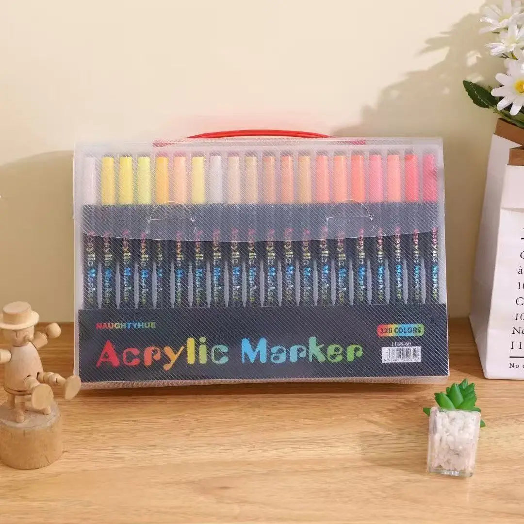 120 Professional Art Use-Color Acrylic Paint Markers, Dual-Tip Fine and Brush Tip Pens, Suitable for Stone, Wood, Calligraphy