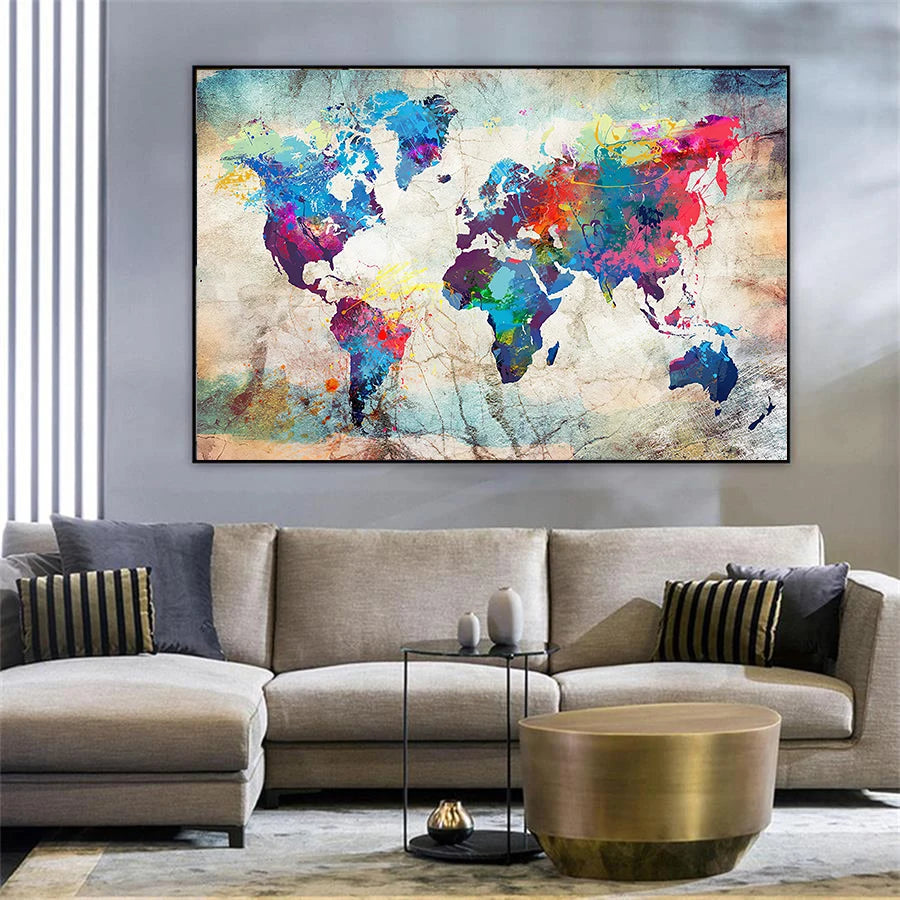 Vintage colorful World Map Canvas print, Wall Pictures, Living Room Posters and Prints, Modern Art, Home Wall Decor