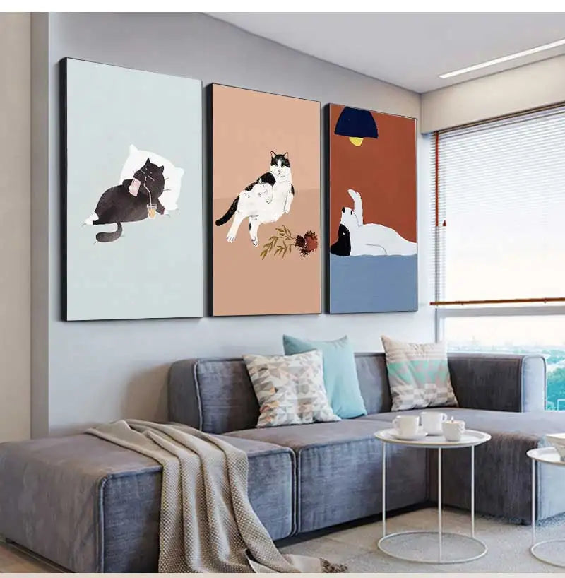 Modern Wall Painting for Living Room, Canvas Print, Poster, Cat, Wine, Pizza, Animal Funny, Art Pictures, Nordic, Modern