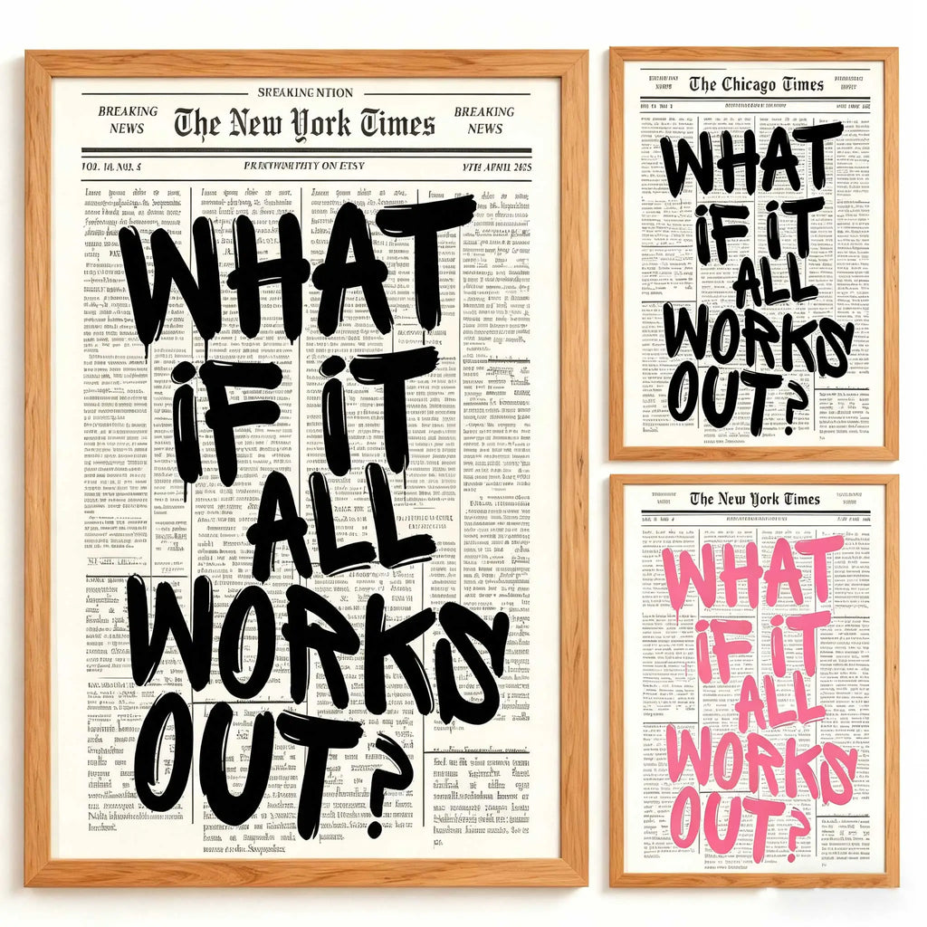 Newspaper Poster - What If It All Works Out - Positive Quote Canvas Wall Art, Affirming Minimalist Prints, Neutral Dorm Room Bed
