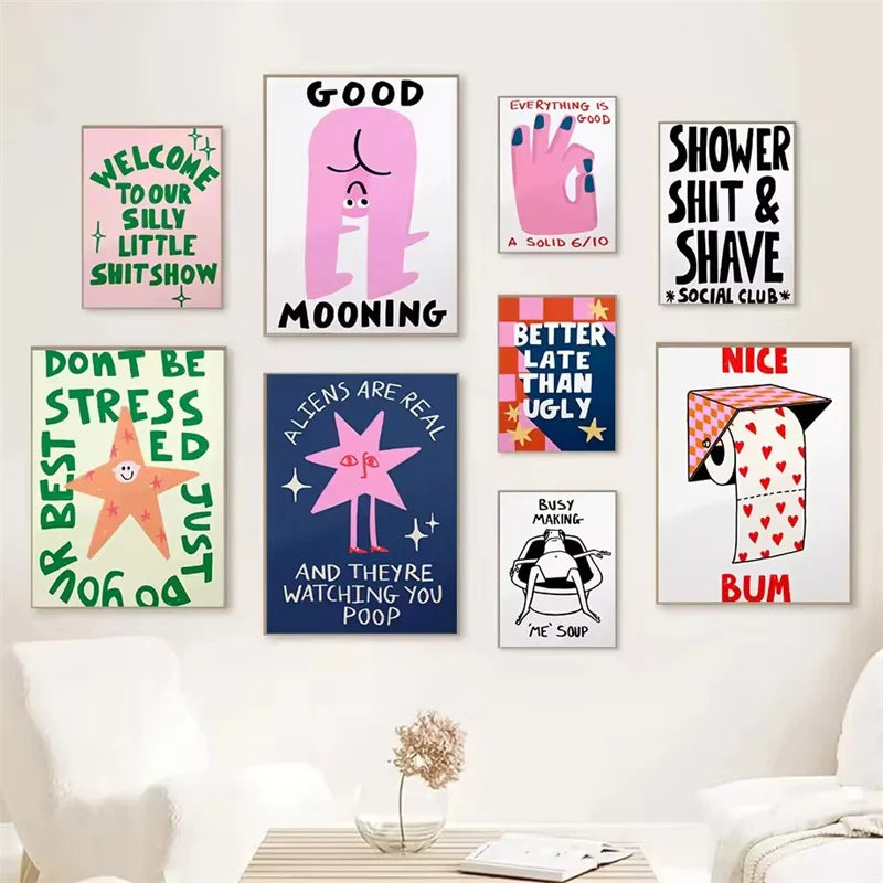 Humorous Slogan Nice Bum Cartoon Prints Family Canvas Painting Funny Toilet Bathroom Posters Alien Wall Pictures Home Room Decor