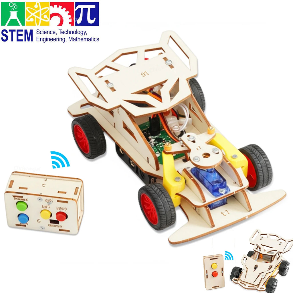 DIY Wooden Remote Control Car Mini Four-Base Version - Wheel Drive Racing Car Science Experiment Kits STEM Educational Toy for Teen Kids Gifts