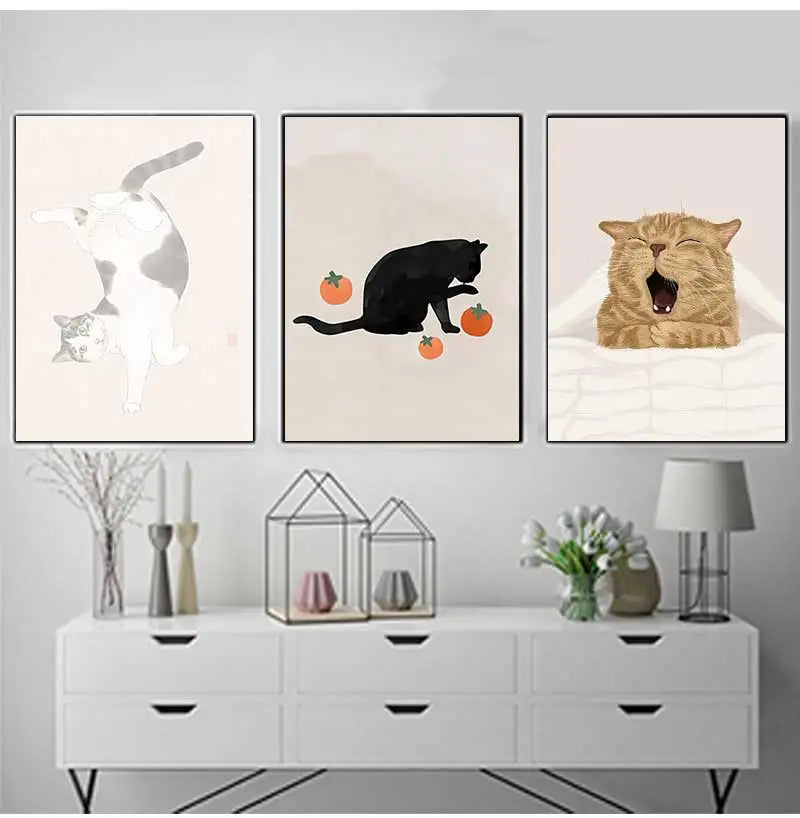 Modern Wall Painting for Living Room, Canvas Print, Poster, Cat, Wine, Pizza, Animal Funny, Art Pictures, Nordic, Modern