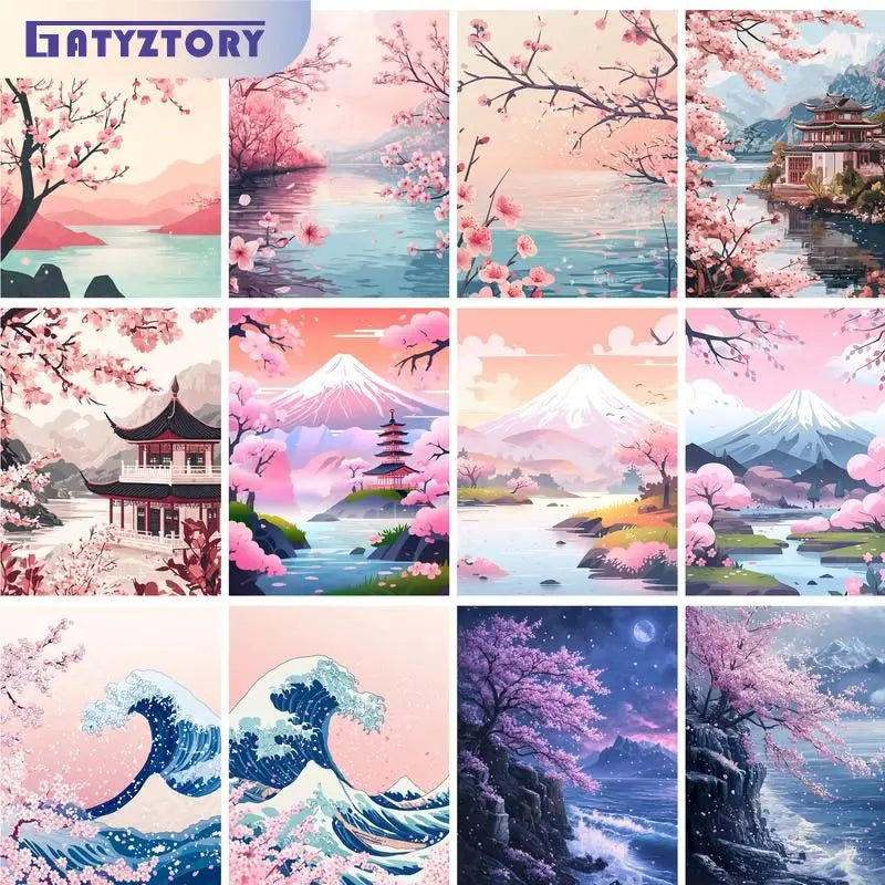 GATYZTORY Scenery Painting By Numbers Oil HandPainted Acrylic Paint Sakura Pagoda Home Decors Adults Crafts On Canvas DIY Gift