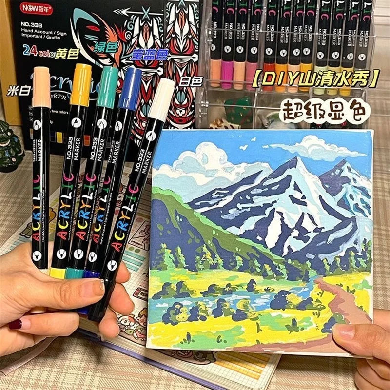 24 - Professional Art Use - Color Acrylic Paint Markers, Dual-Tip Fine and Brush Tip Pens, Suitable for Stone, Wood, Calligraphy