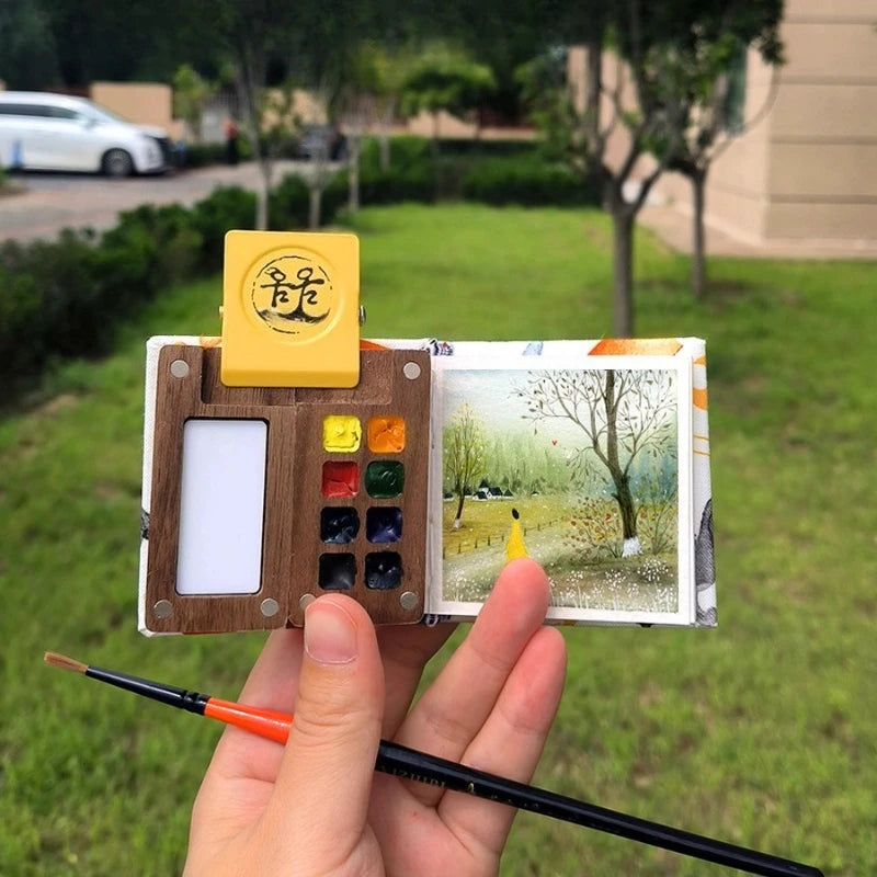 Portable Mini Walnut Paint Box 8 Colors Master Solid Watercolor Paint Set Travel Sketch Pigment Artist Drawing Art Supplies