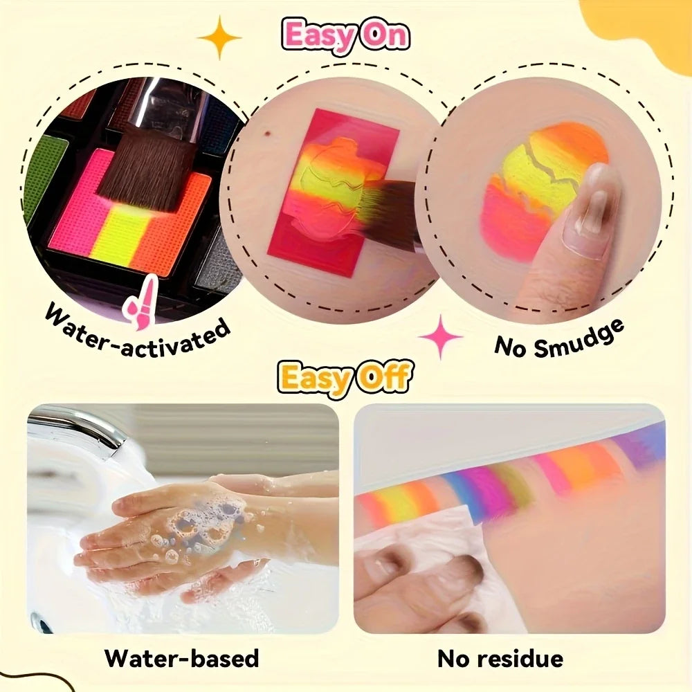 Palette Rainbow Stripe Paint Set with Brushes, Water Based Dual-Tone Face and Body Paint Palette, Christmas Halloween  Cosplay