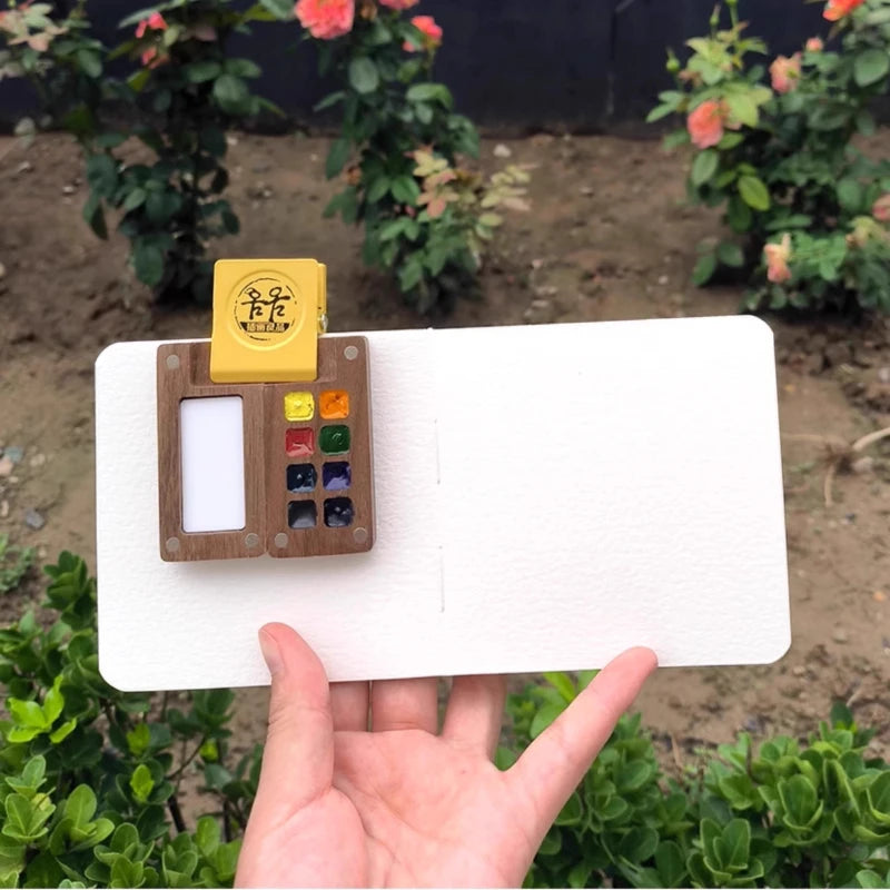 Portable Mini Walnut Paint Box 8 Colors Master Solid Watercolor Paint Set Travel Sketch Pigment Artist Drawing Art Supplies