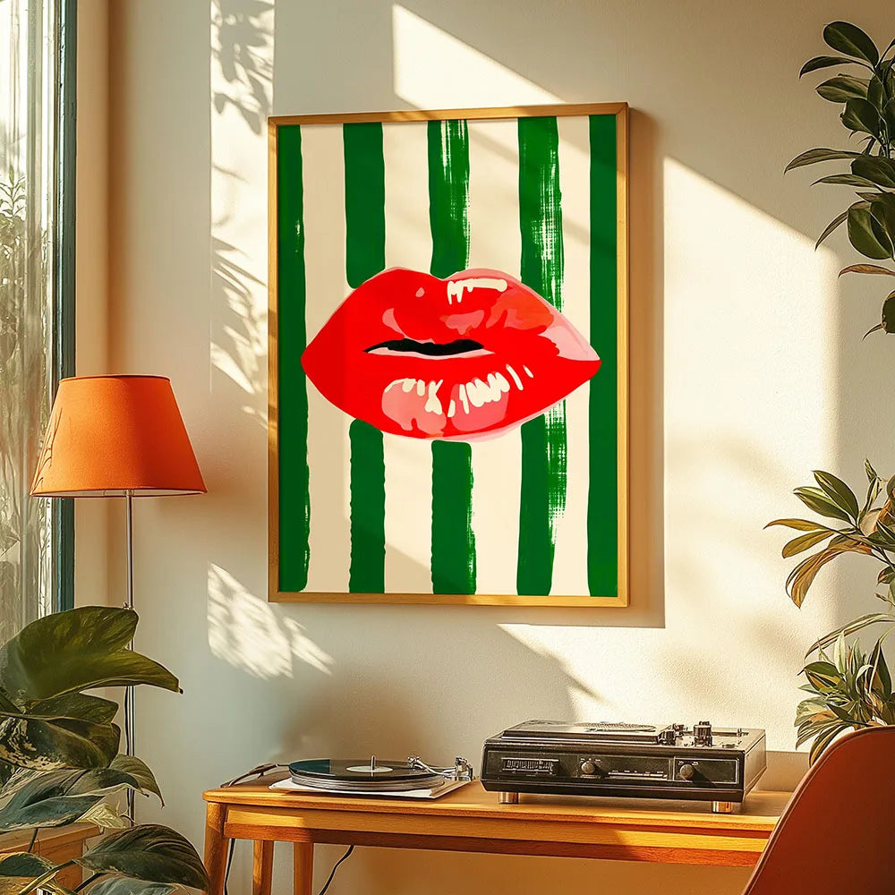 Amore Green Striped Canvas Printing Vino Wine Glass & Pepper Wall Art Poster Modern Living Room Bedroom Kitchen Home Decor Gifts