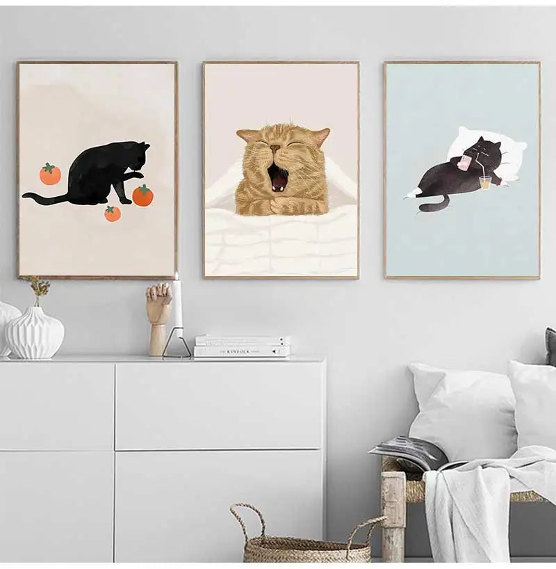 Modern Wall Painting for Living Room, Canvas Print, Poster, Cat, Wine, Pizza, Animal Funny, Art Pictures, Nordic, Modern