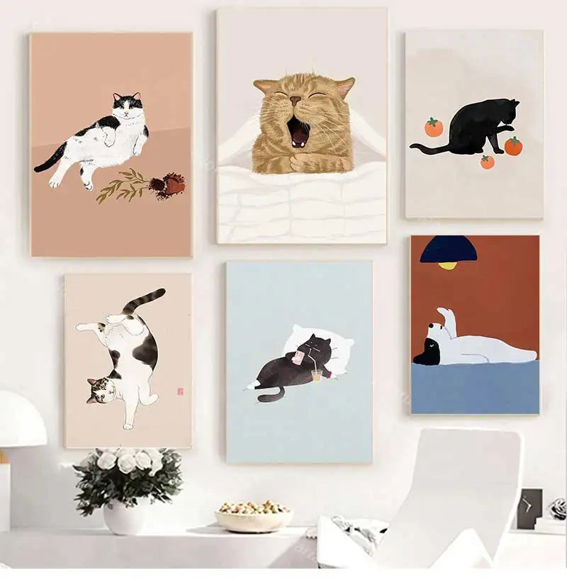 Modern Wall Painting for Living Room, Canvas Print, Poster, Cat, Wine, Pizza, Animal Funny, Art Pictures, Nordic, Modern