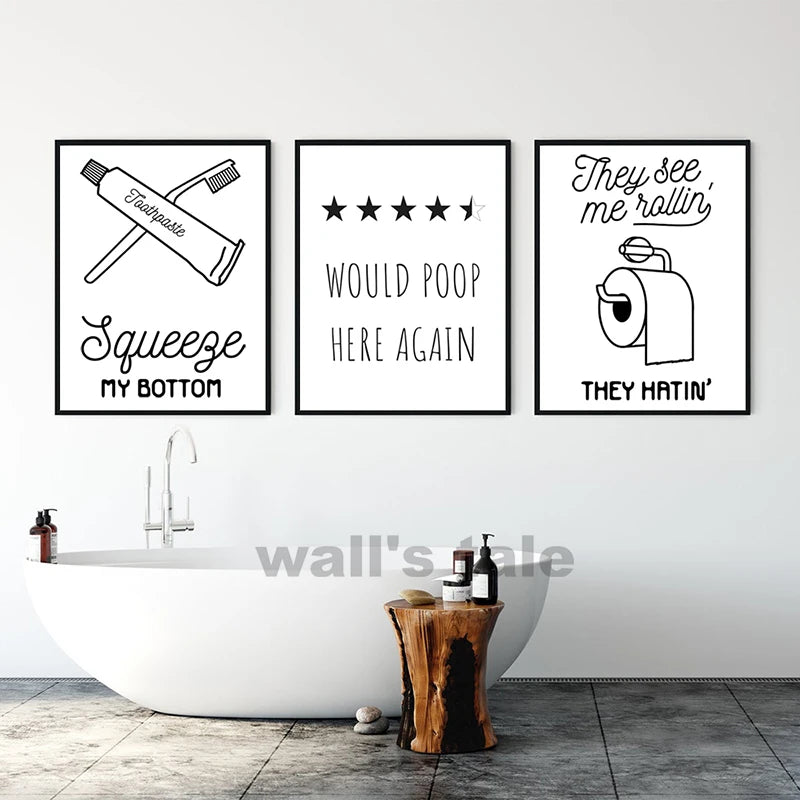 Funny Bathroom Wall Art Prints Black and White Minimalist Toilet Posters Canvas Painting Bathroom Wall Decoration Pictures