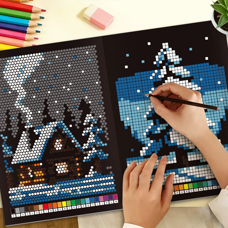 1 Book with 32 Pages of Mysterious Mosaic Numbers and Colors: Pixel Art Masterpieces That Reveal Wildlife, Animals, Portraits, Nature, and Beautiful Landscapes Hidden in Geometry.