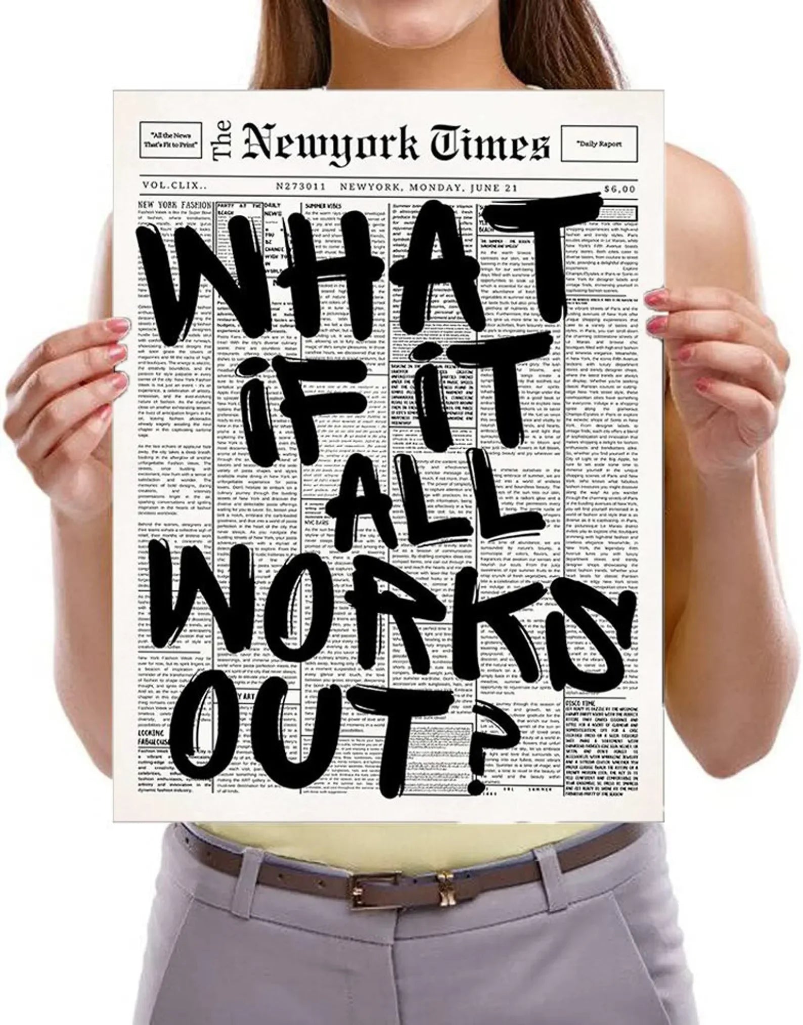 Newspaper Poster - What If It All Works Out - Positive Quote Canvas Wall Art, Affirming Minimalist Prints, Neutral Dorm Room Bed