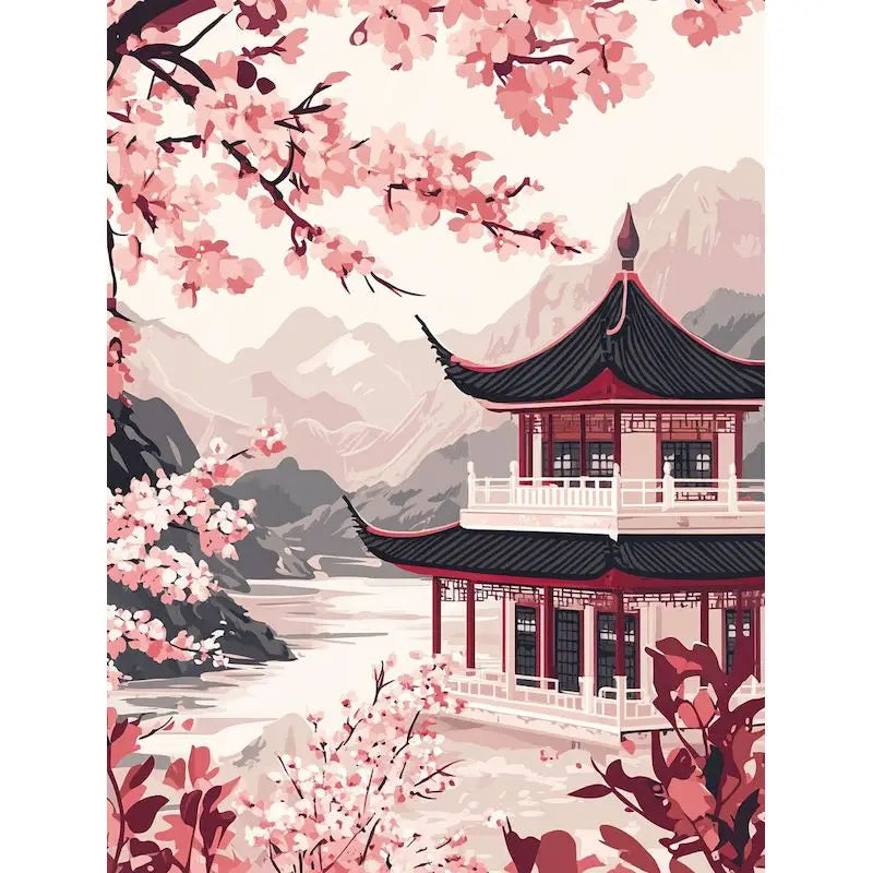 Genie Canvas - Scenery Painting By Numbers Oil HandPainted Acrylic Paint Sakura Pagoda Home Decors Adults Crafts On Canvas DIY Gift