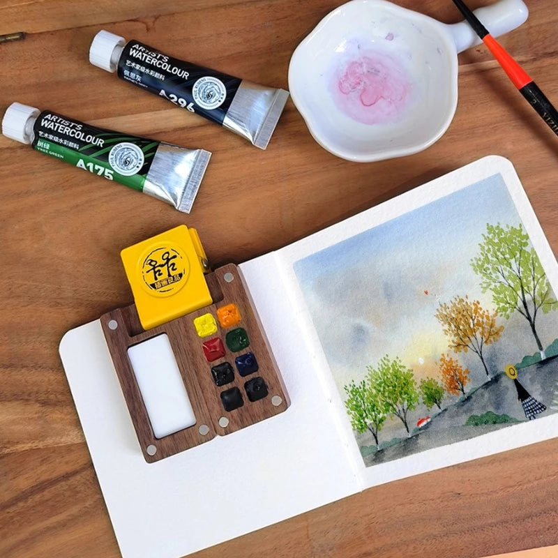Portable Mini Walnut Paint Box 8 Colors Master Solid Watercolor Paint Set Travel Sketch Pigment Artist Drawing Art Supplies