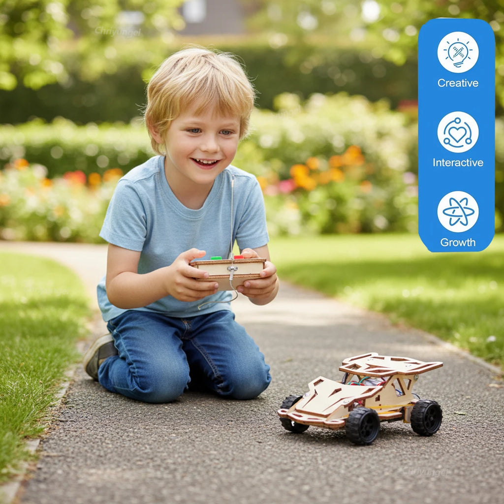 DIY Wooden Remote Control Car Mini Four- Upgraded - Wheel Drive Racing Car Science Experiment Kits STEM Educational Toy for Teen Kids Gifts