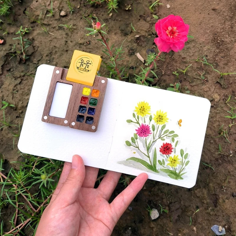 Portable Mini Walnut Paint Box 8 Colors Master Solid Watercolor Paint Set Travel Sketch Pigment Artist Drawing Art Supplies
