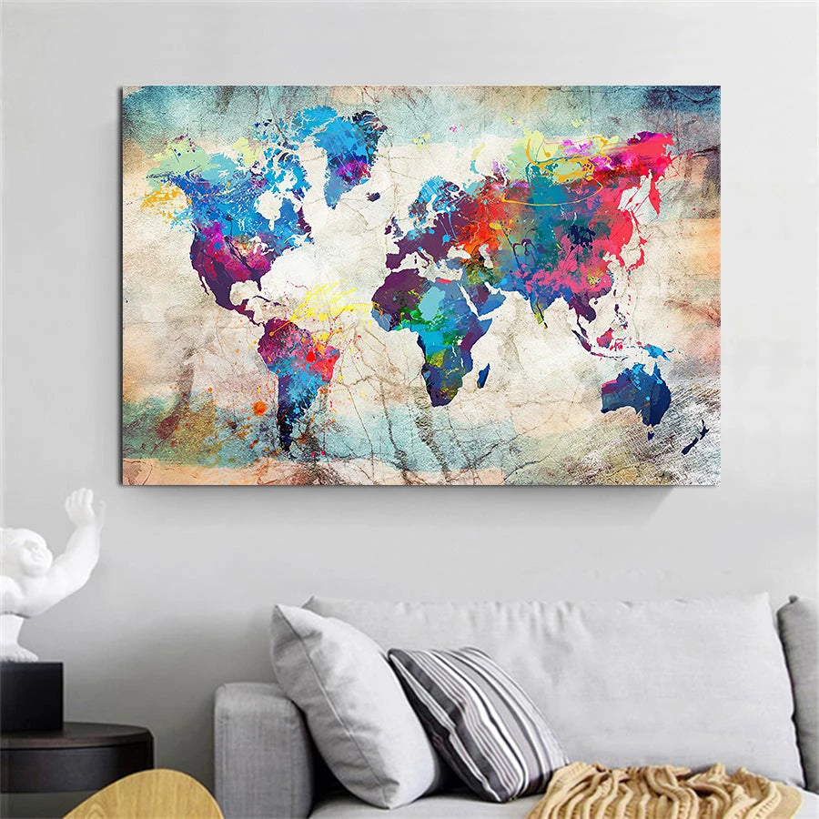Vintage colorful World Map Canvas print, Wall Pictures, Living Room Posters and Prints, Modern Art, Home Wall Decor