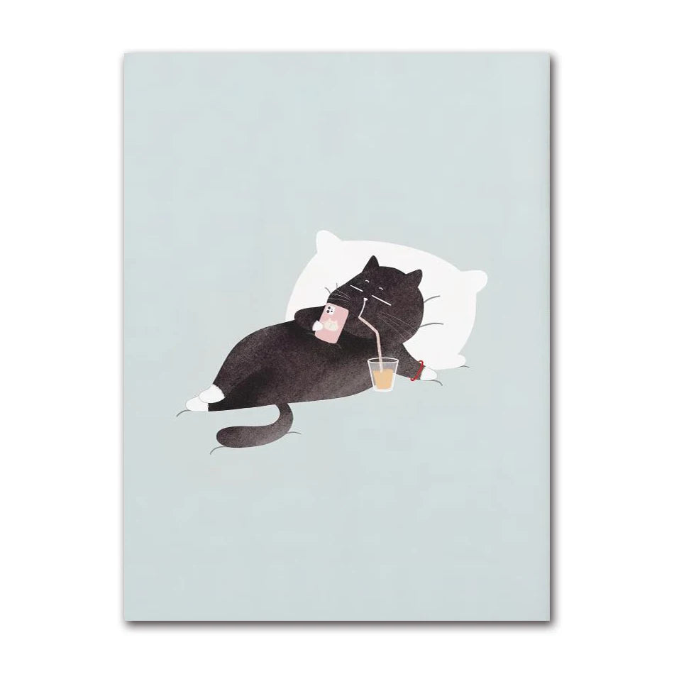 Modern Wall Painting for Living Room, Canvas Print, Poster, Cat, Wine, Pizza, Animal Funny, Art Pictures, Nordic, Modern