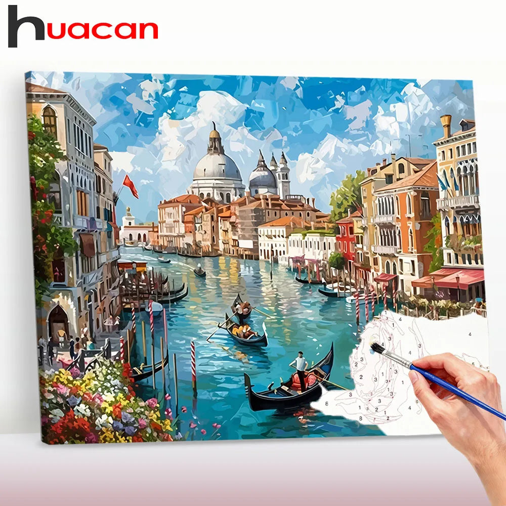 Huacan DIY Paint By Numbers City River Building Digital Oil Painting Landscape Drawing By Numbers Paint Adults Kit ﻿﻿﻿