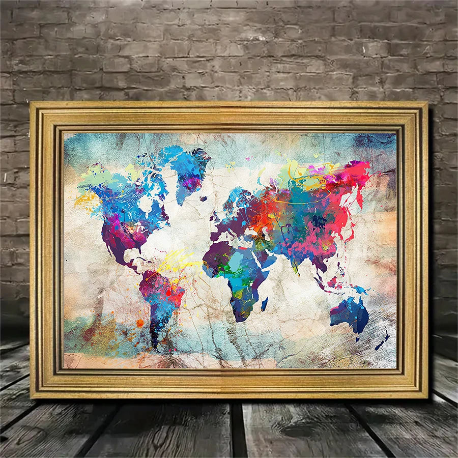 Vintage colorful World Map Canvas print, Wall Pictures, Living Room Posters and Prints, Modern Art, Home Wall Decor