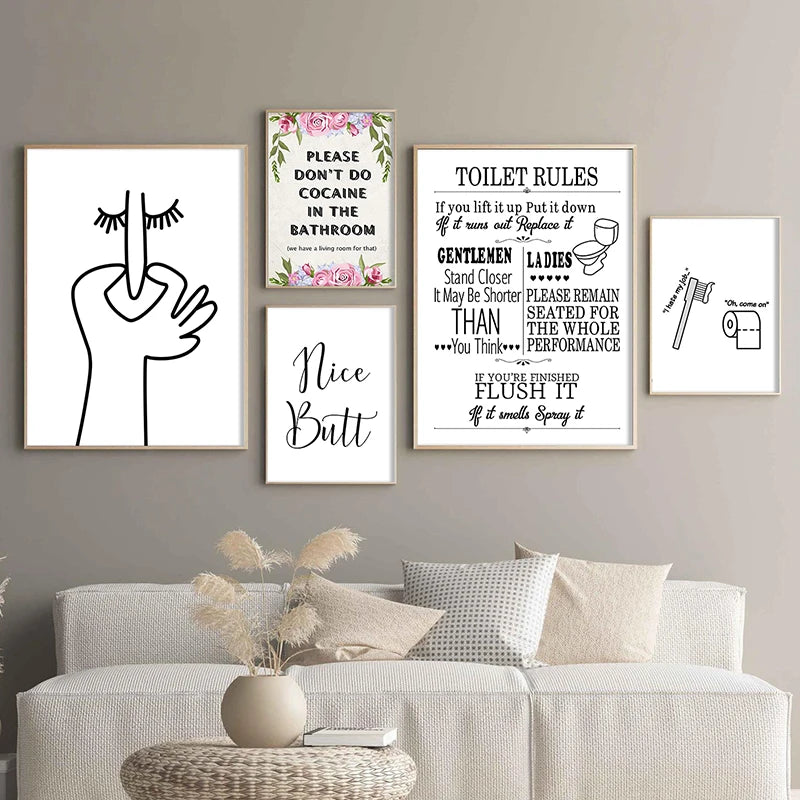 Funny Bathroom Wall Art Prints Black and White Minimalist Toilet Posters Canvas Painting Bathroom Wall Decoration Pictures