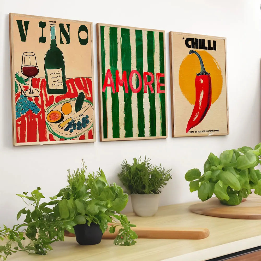 Amore Green Striped Canvas Printing Vino Wine Glass & Pepper Wall Art Poster Modern Living Room Bedroom Kitchen Home Decor Gifts