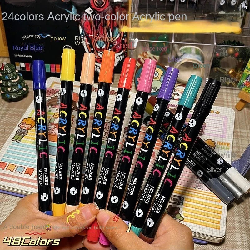 24 - Professional Art Use - Color Acrylic Paint Markers, Dual-Tip Fine and Brush Tip Pens, Suitable for Stone, Wood, Calligraphy