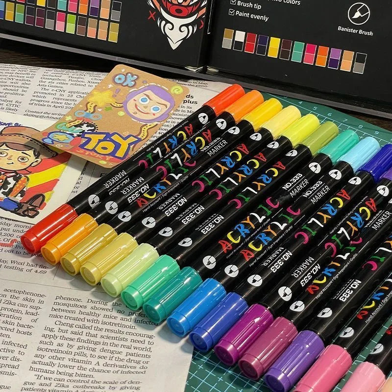 96 Professional Art Use-Color Acrylic Paint Markers, Dual-Tip Fine and Brush Tip Pens, Suitable for Stone, Wood, Calligraphy