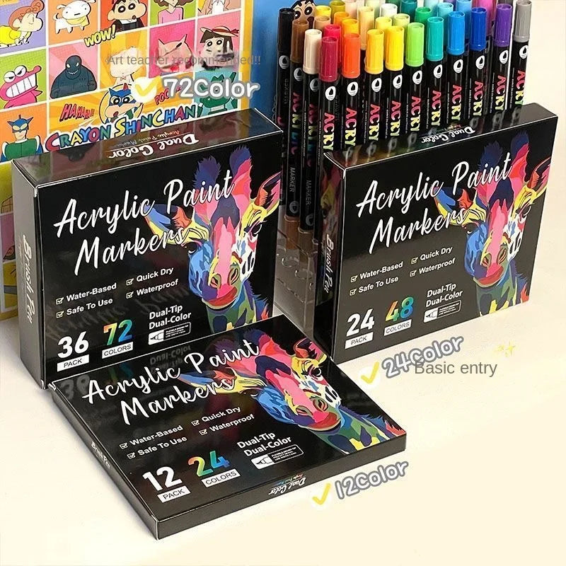 48 Professional Art Use-Color Acrylic Paint Markers, Dual-Tip Fine and Brush Tip Pens, Suitable for Stone, Wood, Calligraphy