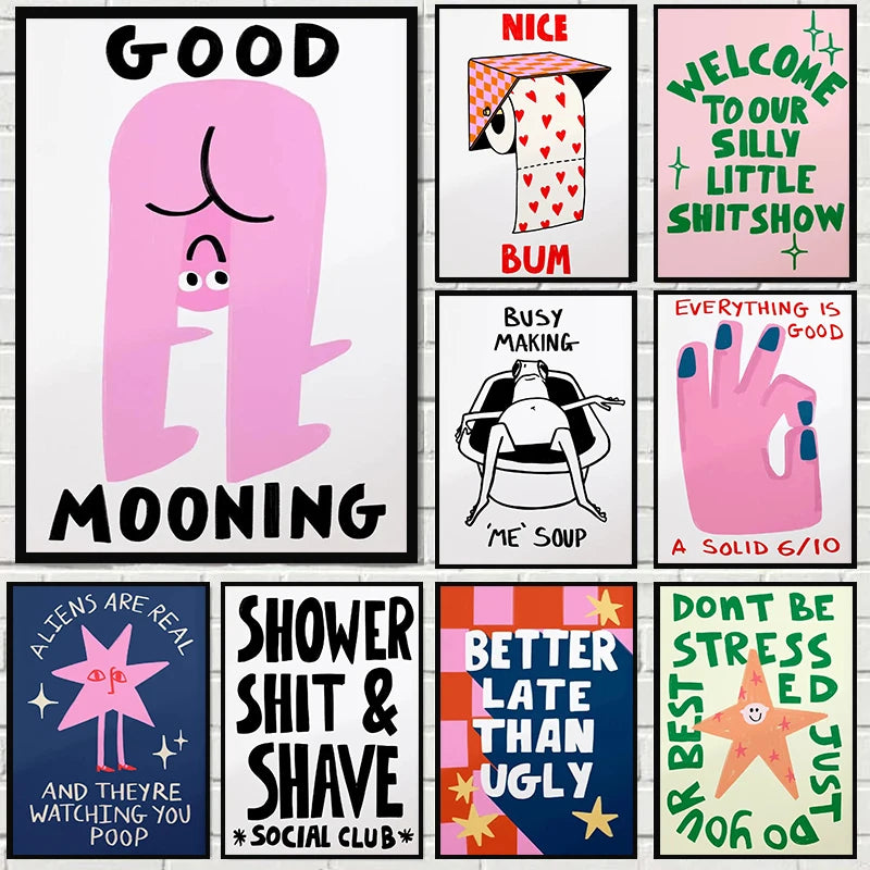 Humorous Slogan Nice Bum Cartoon Prints Family Canvas Painting Funny Toilet Bathroom Posters Alien Wall Pictures Home Room Decor