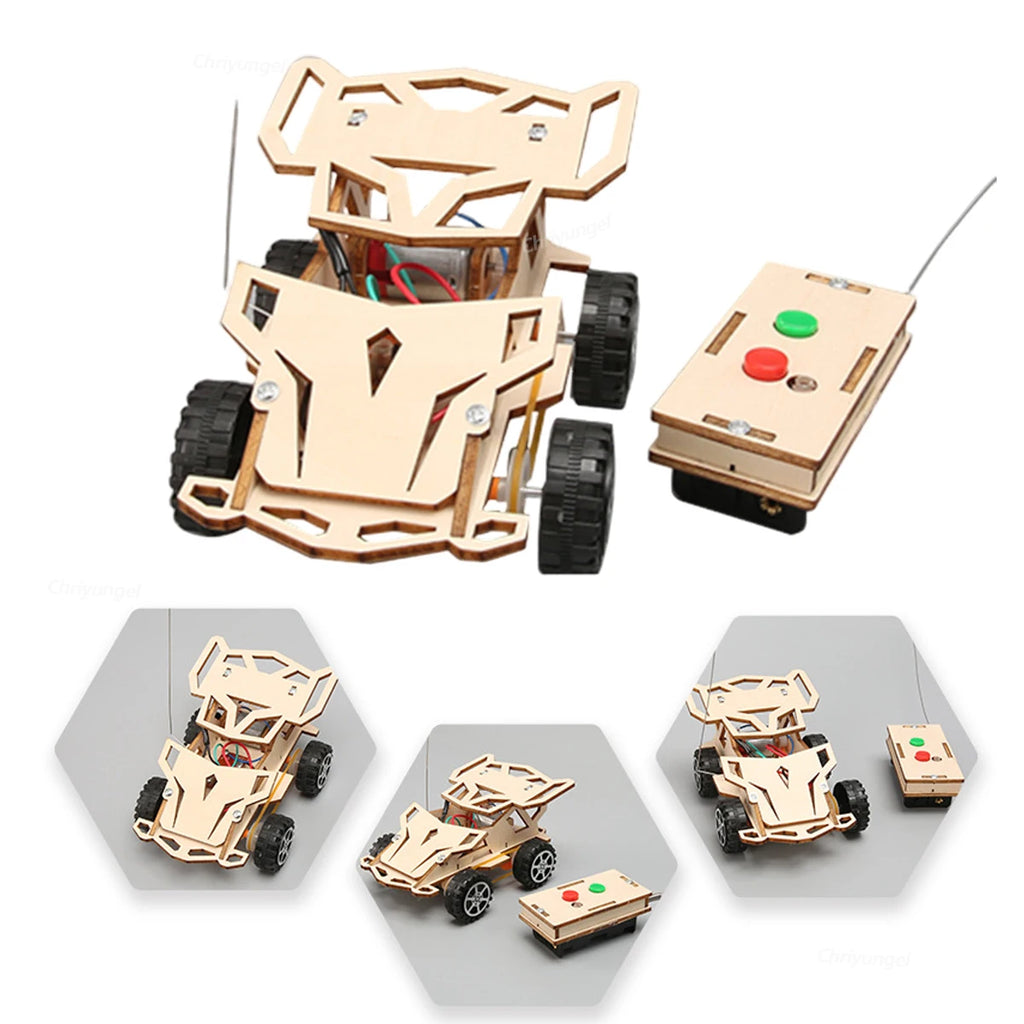 DIY Wooden Remote Control Car Mini Four-Base Version - Wheel Drive Racing Car Science Experiment Kits STEM Educational Toy for Teen Kids Gifts