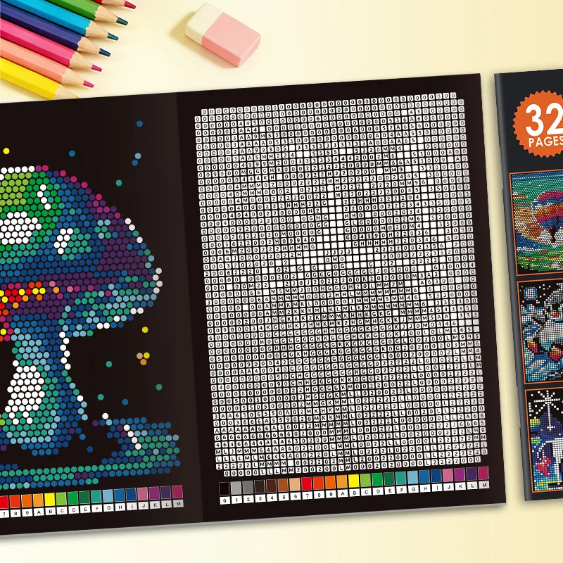 1 Book with 32 Pages of Mysterious Mosaic Numbers and Colors: Pixel Art Masterpieces That Reveal Wildlife, Animals, Portraits, Nature, and Beautiful Landscapes Hidden in Geometry.