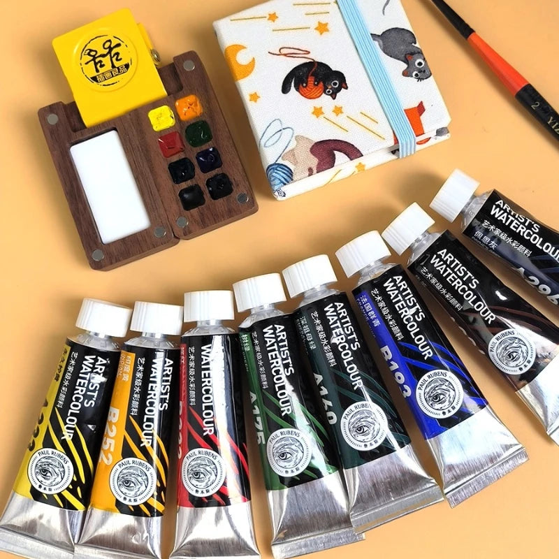 Portable Mini Walnut Paint Box 8 Colors Master Solid Watercolor Paint Set Travel Sketch Pigment Artist Drawing Art Supplies